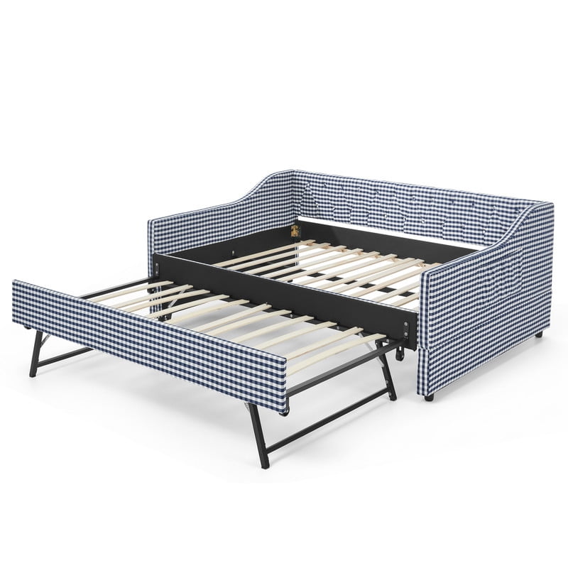 Full Size Daybed with Pop Up Trundle, Gingham Upholstered Daybed Frame with Tufted Button Backrest and Side Storage Pocket, Modern Sofa Bed for Living Room Bedroom