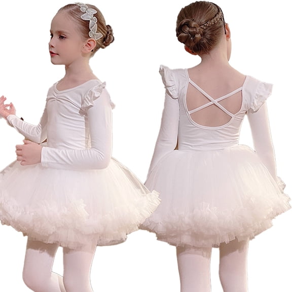 ‌LYMAYTER Girls Kids Criss-Cross Ballet Tutu Dress Set Fashion Long Sleeve Ruffle for Leotard Suit 3-11Y