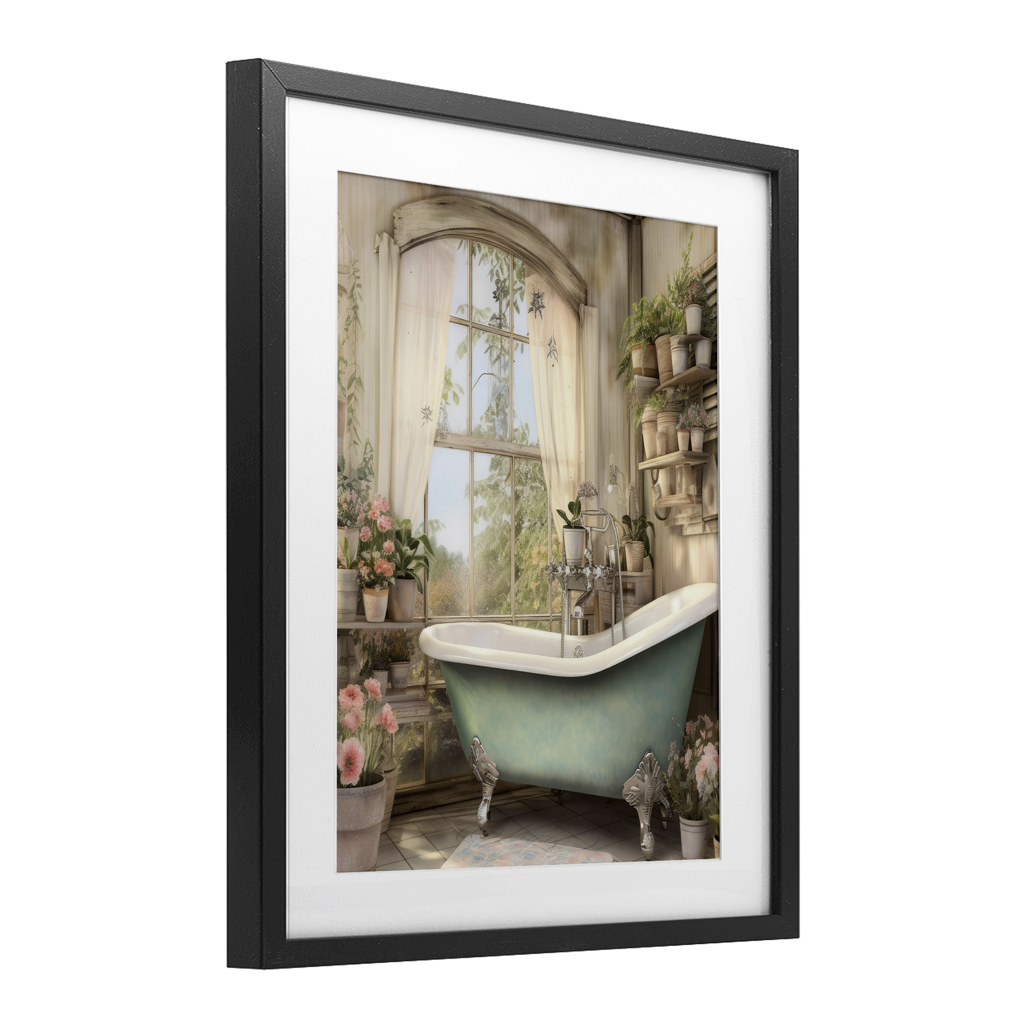 Bathroom with Floral Filled Shelves Black Framed Print Under Glass, design by Lettered and Lined