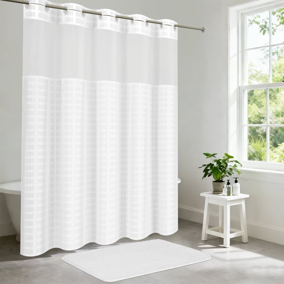 FRAMICS Hookless Fabric Shower Curtain Sets with Rug, Checkered Textured Waterproof No Hook Bathroom Sets with with Mesh Top Window, Hotel Grade, White, 71" x 75"