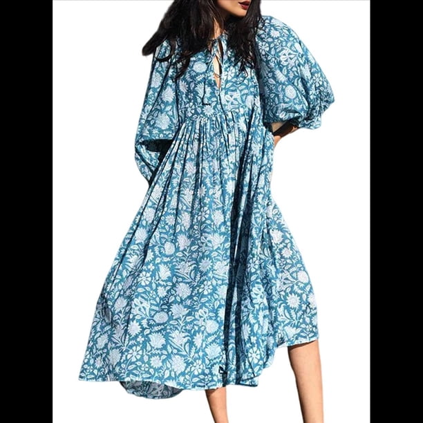 Vestido Midi Holgado Informal de Verano para Mujer, con Escote en V, Cordones, Media , Estampado Geométrico Bohemio Azul XL