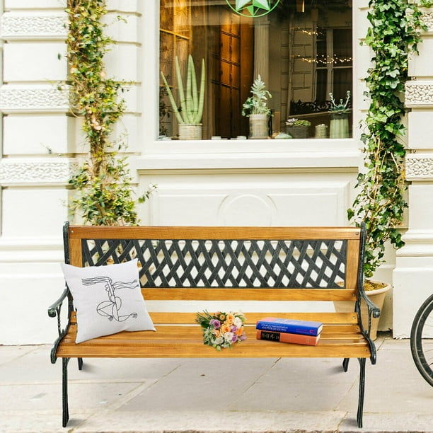 Patio Park Garden Bench Porch Path Chair Deck Cast Iron Hardwood