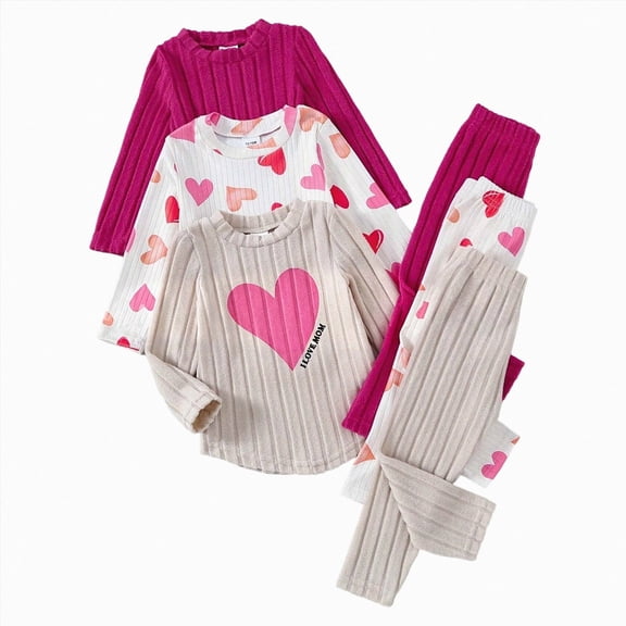 UAYOTSE Toddler Girls 3‑Piece Ribbed Knit Outfit Set Long Sleeve Heart Print Top and Stretchy Pants Casual Loungewear for Little Girls Size 2-3 Years
