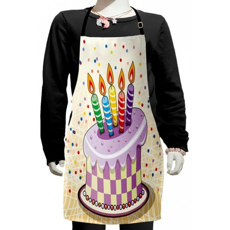 

Birthday Kids Apron Creamy Cake Illustration with Candles Retro Style Polka Dots Stars Striped Design Boys Girls Apron Bib with Adjustable Ties for Cooking Baking Painting Multicolor by Ambesonne