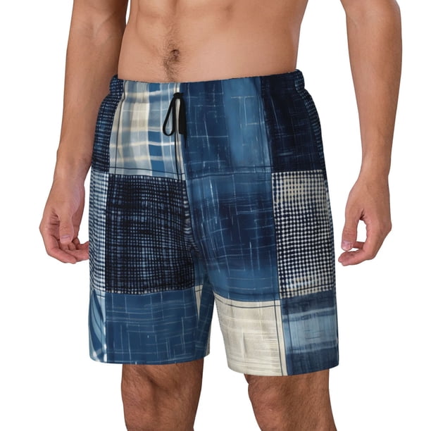 Balery Indigo Patchwork Quilt Bañador para hombre, shorts de playa de secado rápido con entrepierna y forro de compresión-3X-Large