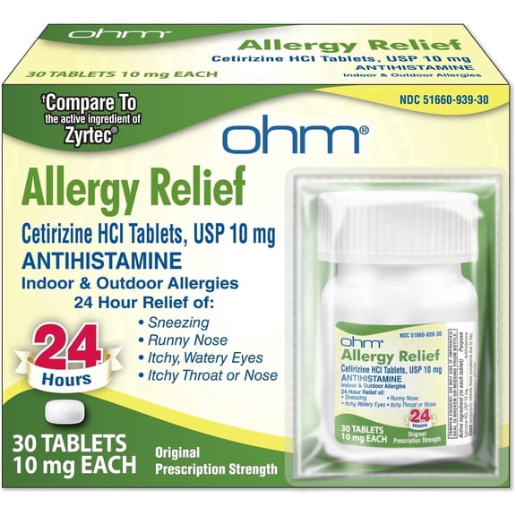 Ohm 24-Hour Antihistamine Cetirizine HCl 10 mg Tablets, 30 Count – All-Day Allergy Relief for Itchy Eyes, Runny Nose, Hay Fever, Pollen, and Indoor & Outdoor Allergies
