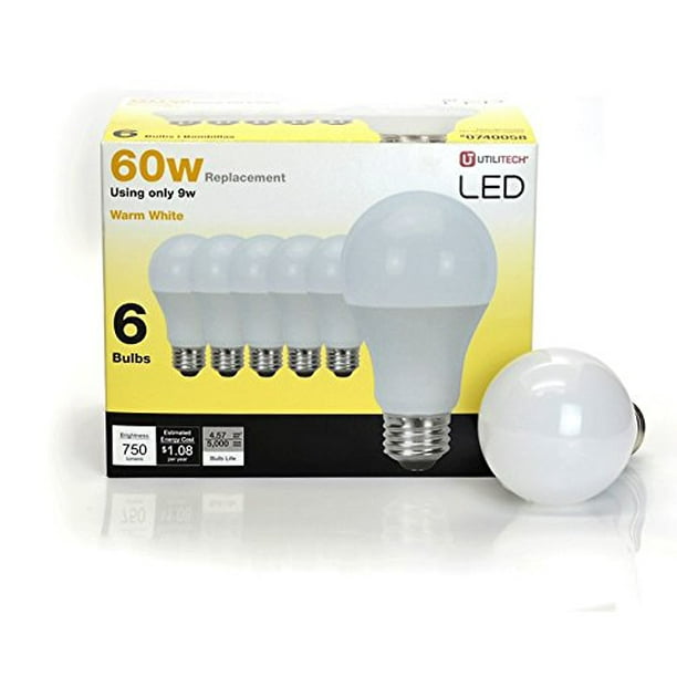 Utilitech 6 Pack 9 Watt 60w Equivalent 3000k A19 Medium Base E 26 Warm White Indoor Led Bulbs Walmart Com Walmart Com