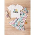 thumbnail image 2 of Bagilaanoe 3Pcs Toddler Baby Girl Easter Outfits Letter Rabbit Print Short Sleeve T-Shirts Tops + Flare Trousers + Headband 12M 18M 24M 3T 4T 5T Kids Long Pants Set, 2 of 9