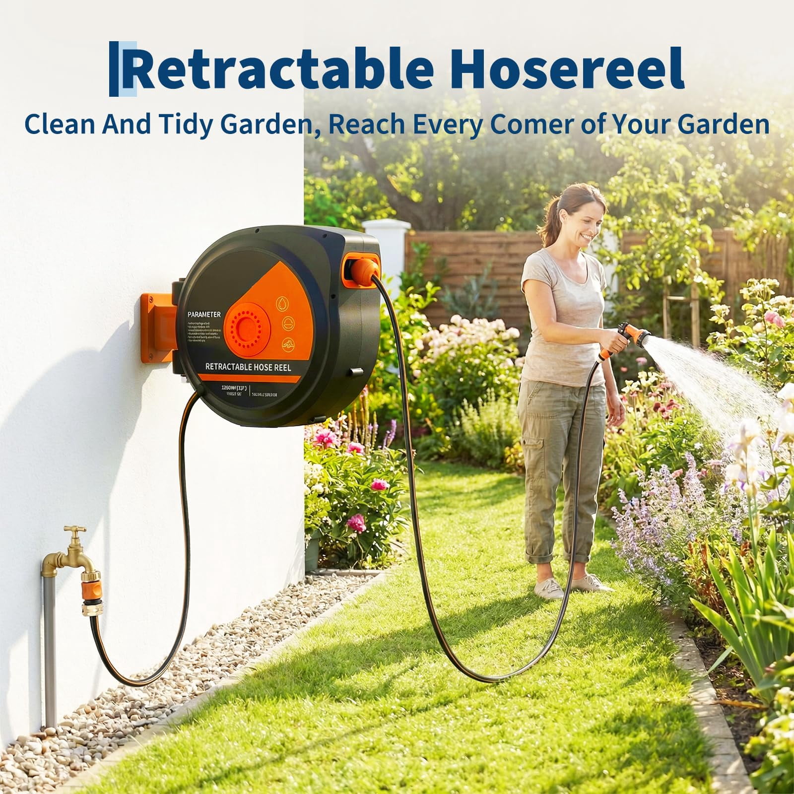 SOLLED Retractable Garden Hose Reel 130 ft 1/2 Inch Wall Mounted with 10-Function Nozzle Any Length Lock Automatic Rewind for Yard Lawn Patio Green