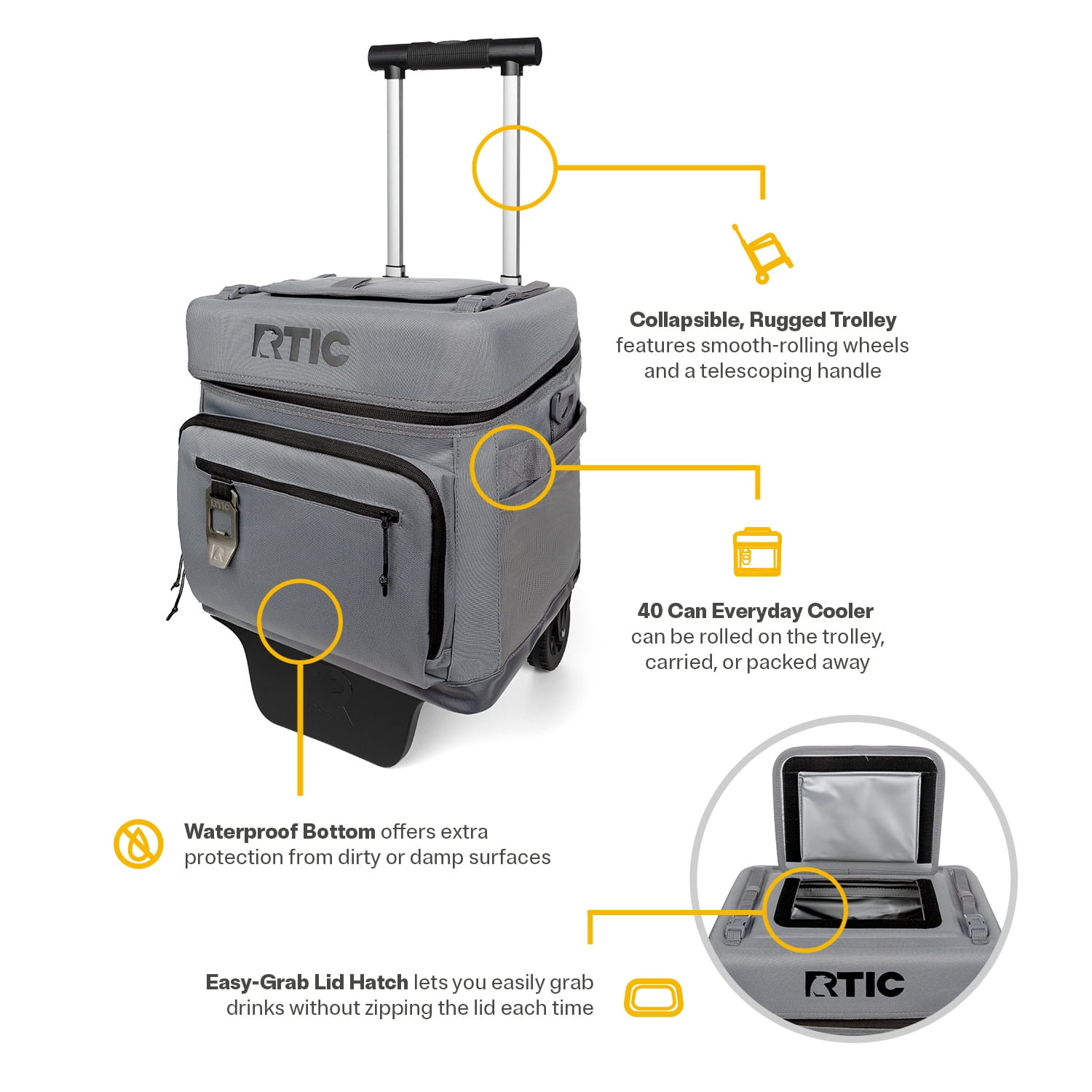 RTIC 40-Can, 21 Qt, Collapsible Wheeled Cooler with Bottle Opener, Smoke