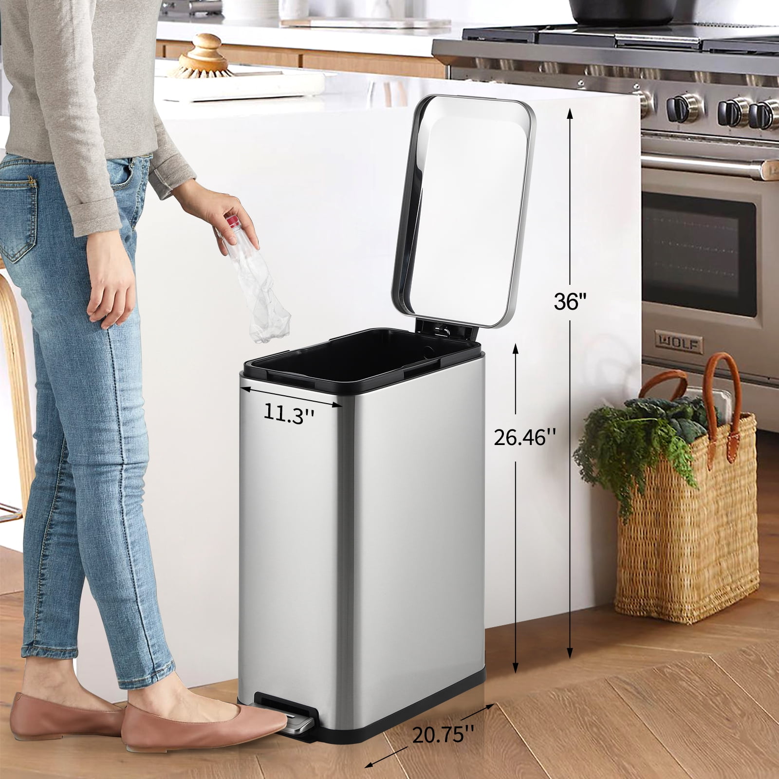 Ataucjin 13 Gallon Step Trash Can, Stainless Steel Kitchen Garbage Bin with Soft-Close Lid & Removable Inner Bucket, Fingerprint-Resistant Slim Rectangle Design for Narrow Spaces