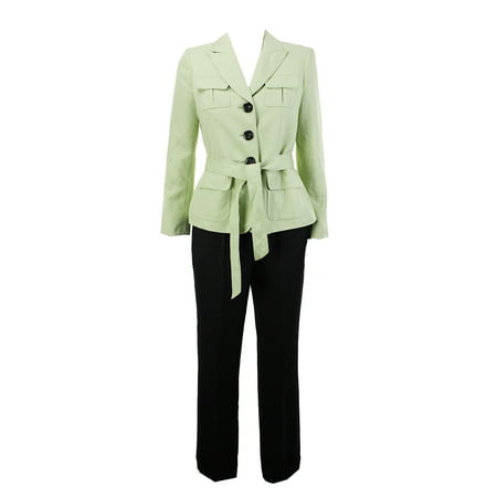 Le Suit Petite Green Brown Belted Utility Jacket Pantsuit 4P