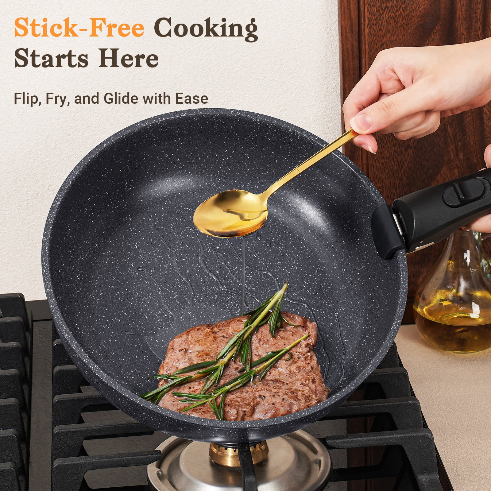 15-Piece Nonstick Cookware Set with Removable Handles, Oven Safe & Induction Compatible - Black Pots and Pans Set Includes Fry Pan, Saucepan