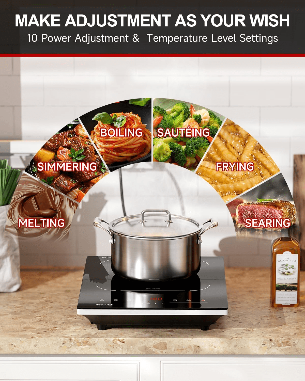 TOPWISH Portable Induction Cooktop, 1600W Single-Burner Electric Hot Plate, 10 Temperature & 10 Power Levels, 110–120V, LED Touch Control, Child Lock & Safety Protection