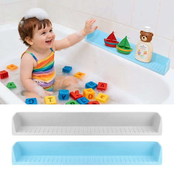 Bathtub Splash Guard & Bath Shelf for Kids, Silicone Tub Splash Guard Prevent Water Spills in Bathroom, Toy Tray Caddy Holder for Tub, Kids Bathroom Accessories