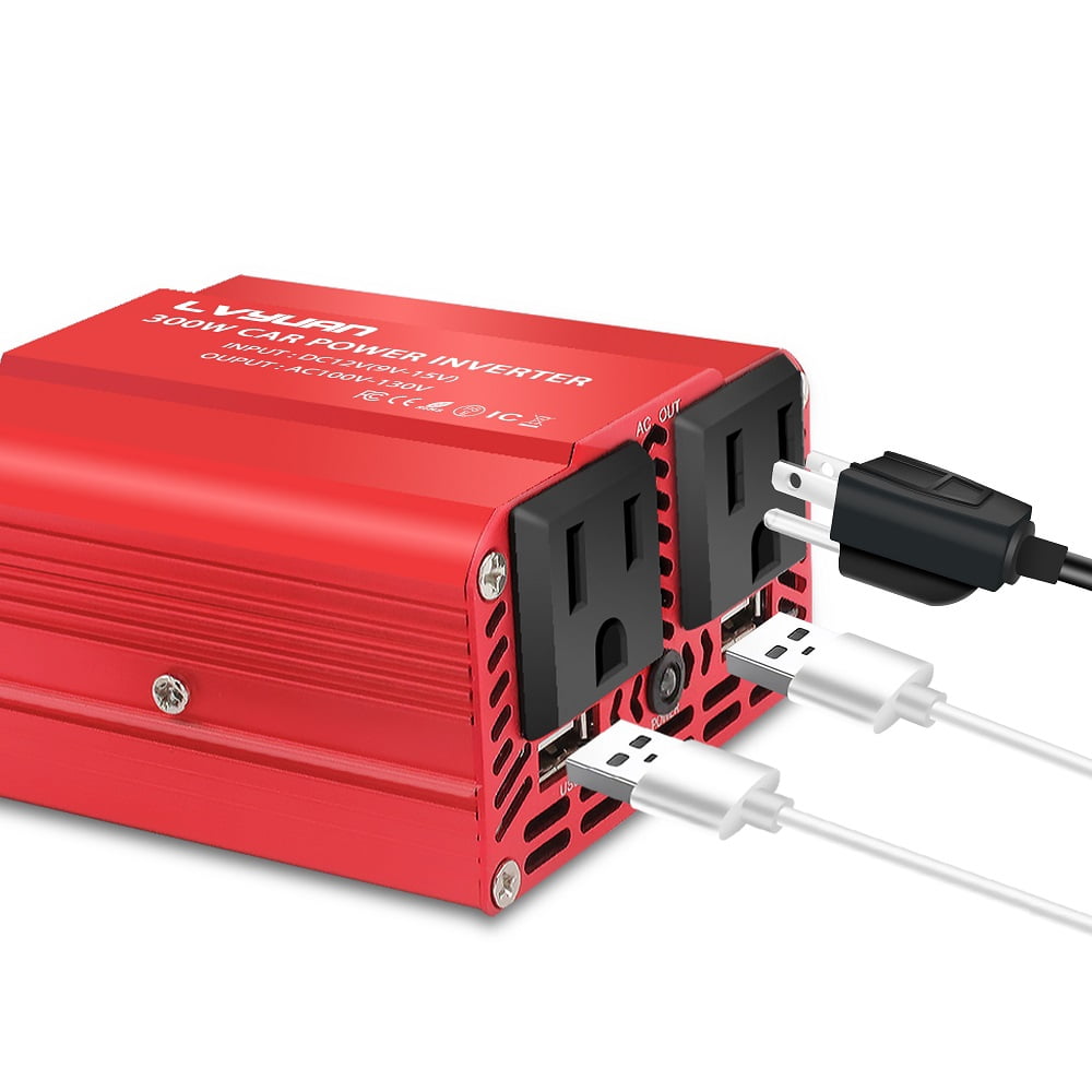 LVYUAN 300W DC 12V to AC 110V Power Inverter Car Converter Charge Adapter 2USB 2AC for Laptop, Computer, Car, RV, Camping & Home Red