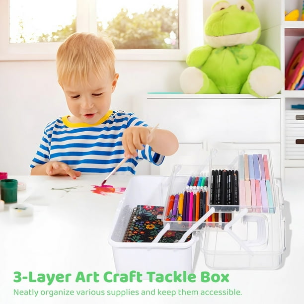 craft tackle box organizer Art Craft Tackle Box, 3-Layer Storage Box with Handle & 12 Mini Boxes, PP Art Supplies Organizer, Portable Folding Tool Box, Multipurpoes Storage
