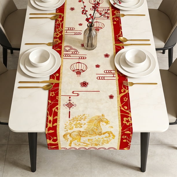 Camino de mesa de lino Camino de mesa del Año de los Caballos Exquisita decoración festiva para mesa de fiesta con estampado de caballos al galope Adecuado para decoraciones del Año de los Caballos De