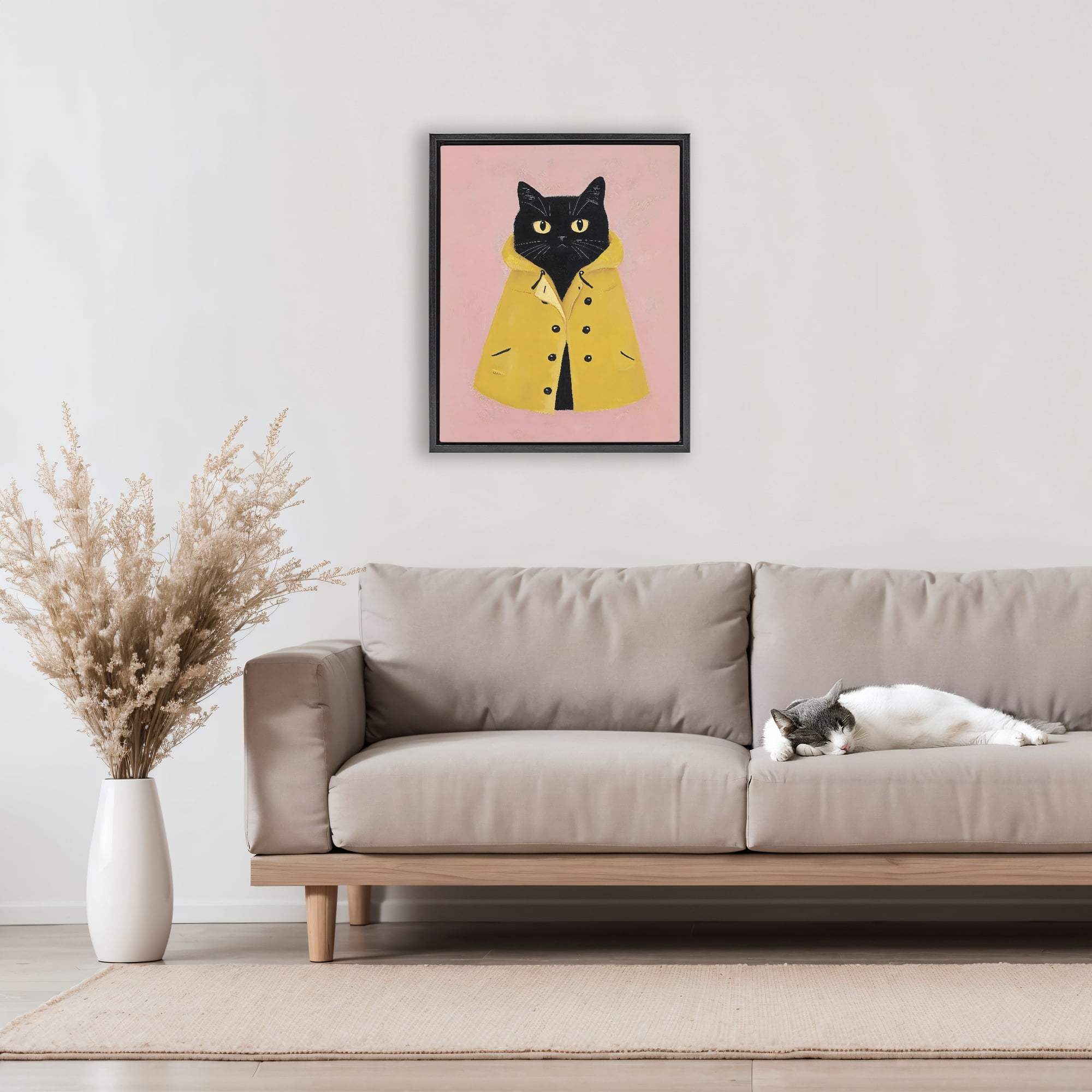 Stupell Industries Black Cat in Yellow Raincoat Black Framed Floater Canvas Wall Art, design by The Prints Vibe