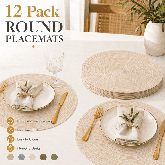 VALUNE 12 Pack 15 Inch Beige Round Woven Braided Placemats, Washable Dining Table Mats for Daily Kitchen and Party Table Decoration