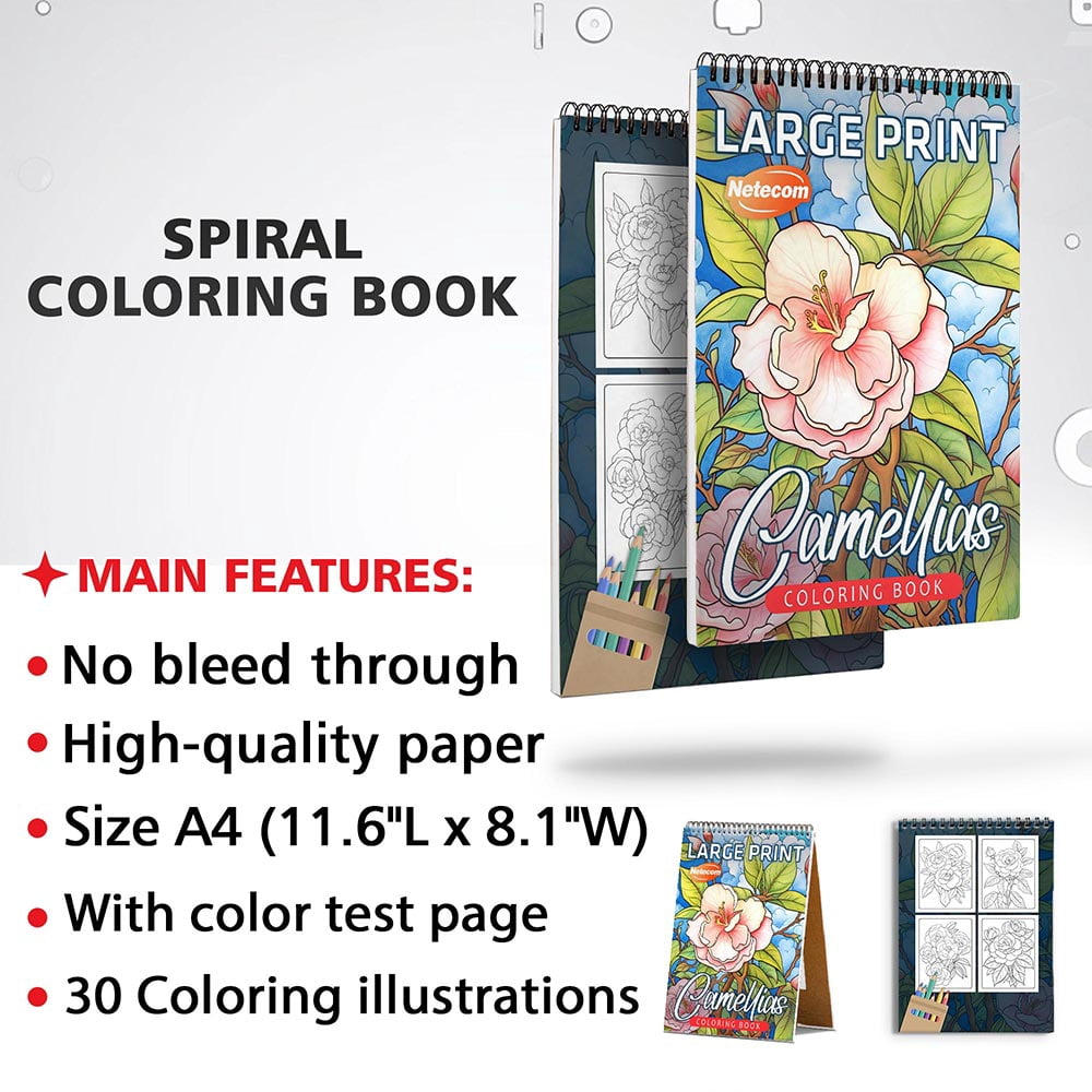 Netecom Large Print Camellias Coloring Book for Adults, Spiral Bound, Soft Cover