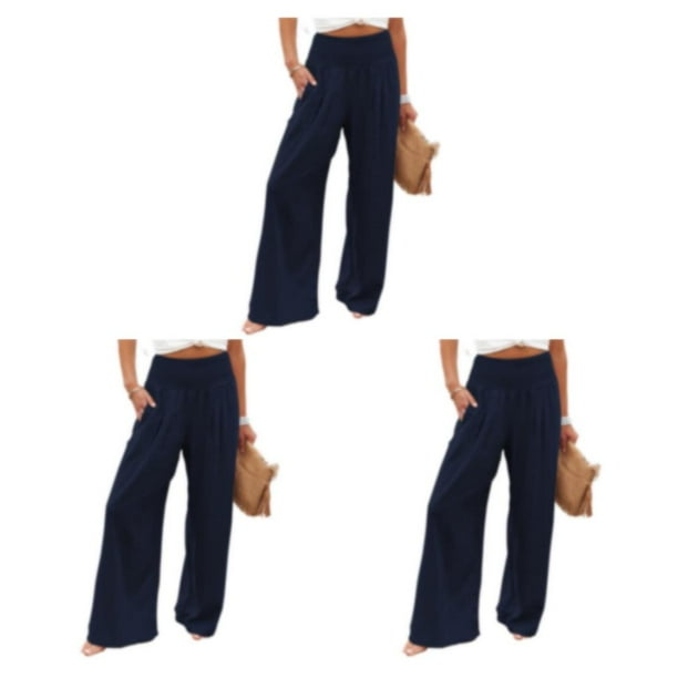 Qarigey Verano Primavera Pantalones Color sólido Largo Suelto Casual Pierna ancha Cintura alta Elástico Vintage De moda para Azul oscuro XL Type1 NO1