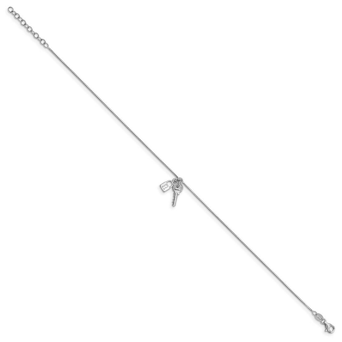 0.9mm 925 Sterling Silver Rhod-pl Polished Lock and Key With 1inch Ext. Anklet 9 Inch Anklet for Women