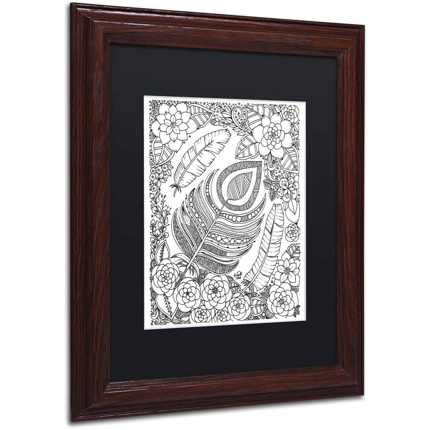Trademark Fine Art "Feathers" Canvas Art by KCDoodleArt Black Matte, Wood Frame