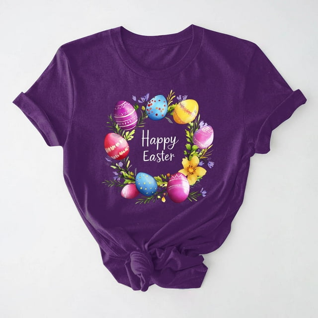 UPPADA Easter Femmes Oeufs Imprimé T-Shirts Heureux Easter Graphique Bunny Lapin Mignon T-Shirts Manches Courtes Décontracté Col Rond T-Shirts Été Basique Coupe Régulière Chemises Violet,TTG