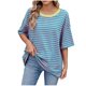 thumbnail image 2 of Puntoco Liquidación de camisetas cortas para mujer, camiseta informal a rayas con cuello redondo y manga corta a la moda para mujer, 2 of 5