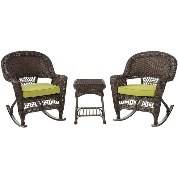 Jeco 3pc Black Rocker Wicker Chair Set With Sage Green Cushion-Finish:Espresso