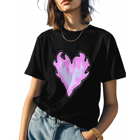 Women's T-Shirts, Trendy Pink Heart Flame Cotton Crewneck Tee Short Sleeve Casual Tops Loose Graphic T-Shirt Black, M