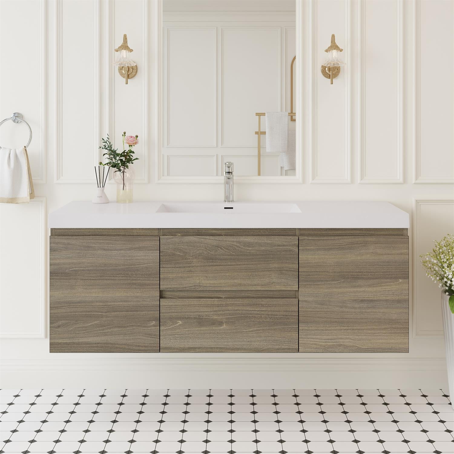 Demi Bonn 60" Floating Bathroom Vanity with Sink, Resin Top Basin and 2 Soft Close Drawers, 2 Storage Cabinet, Faucets and Drains Not Included, Gray