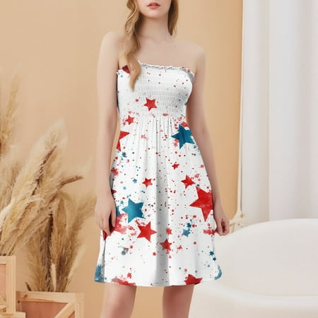 CHCNHAC Summer Dresses for Women 2025 4th Of July Elegant Dresses Patriotic Red White and Blue Graphic Flowy Swing Strapless Cocktail Party Dress Royal Blue M
