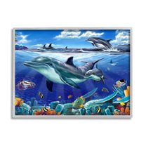 Stupell Industries Dolphins Swimming Bold Coral Reef Coastal Painting Gray Framed Art Print Wall Art