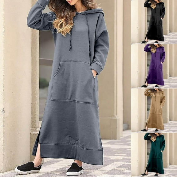 BiZtdJrK Womens Loose Sweatshirt Maxi Dress Side Split Plus Size Long Sleeve Hooded Sweatshirts Drawstring Casual Hoodie Dresses with Pocket Black M