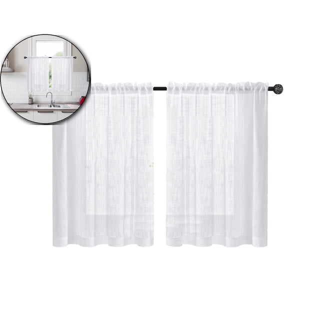 Spring Linen Textured Kitchen Window Curtains over Sink 25×30 Inch Length Semi Sheer Farmhouse Small Curtains for Cafe Bathroom Basement, Short Rod Pocket Tier Curtains 2 Panels