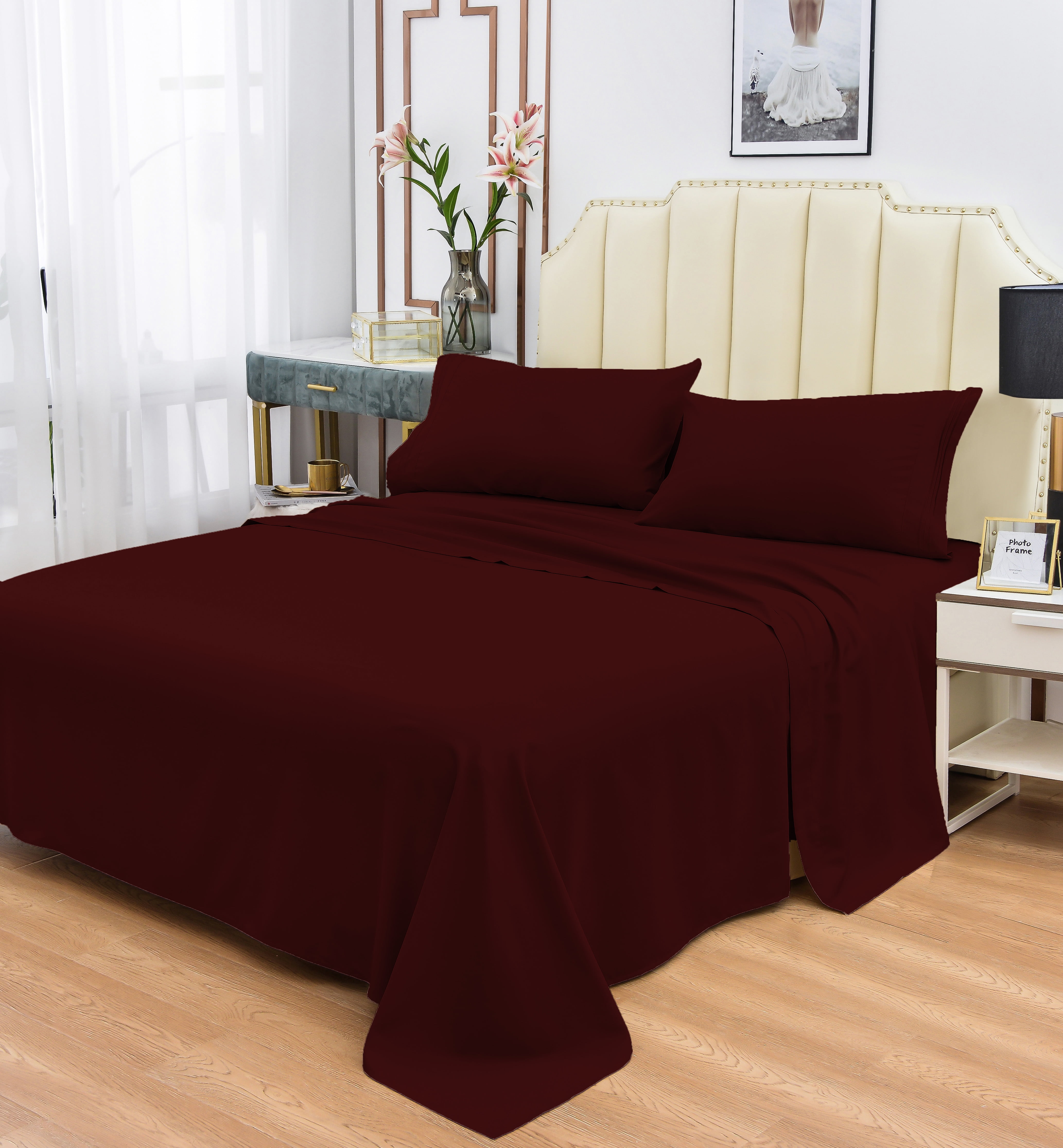 Okao Wholesale Rayon Made from Bamboo Sheet Set, California King Burgundy Sheets-Wrinkle Free-Softer than Cotton- Deep Pockets - 4 Piece-1 Fitted Sheet, 1 Flat, 2 Pillowcases California King, Burgundy