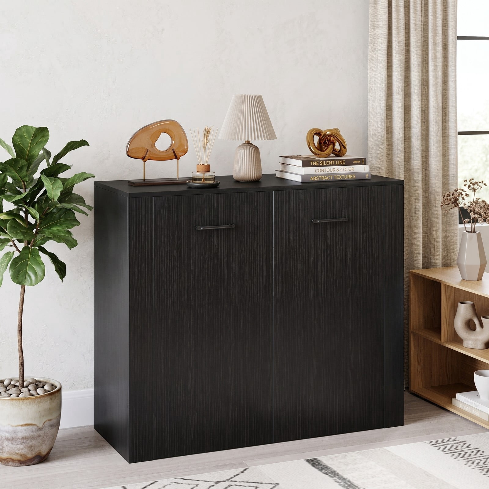Furnibear 38 Inch Modern Buffet Sideboard Cabinet with Storage, Free Standing Kitchen Credenza Console Table with Cube Shelves for Living Room Dining Room, Black