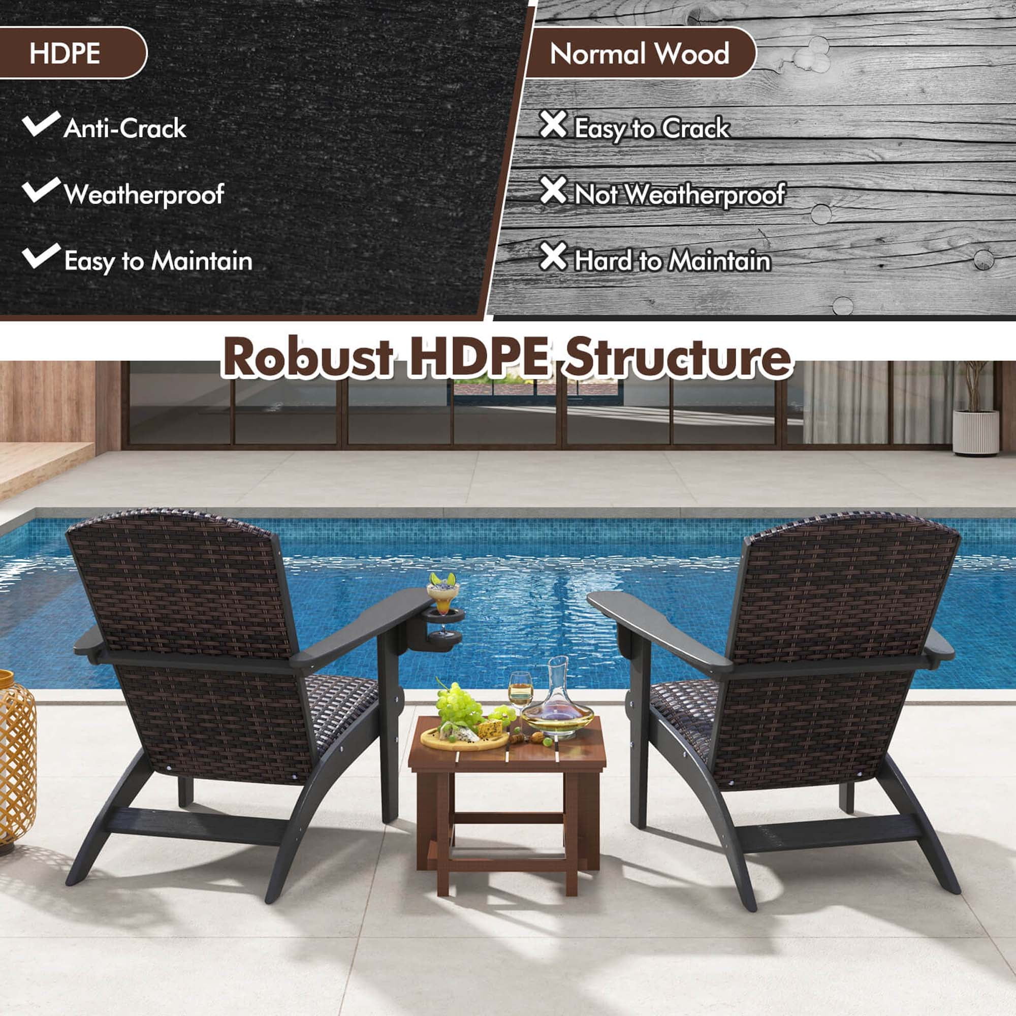 Costway Patio Adirondack Chair with Rattan Padded Seat Wide Armrests & Hidden Cupholder Black