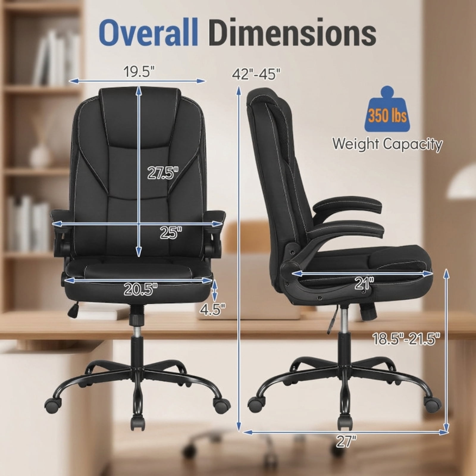 Furnibear Leather Office Chair and Ergonomic Computer Desk Chair with Flip Up Armrests Rocking Function Swivel Seat and Height Adjustment, Black
