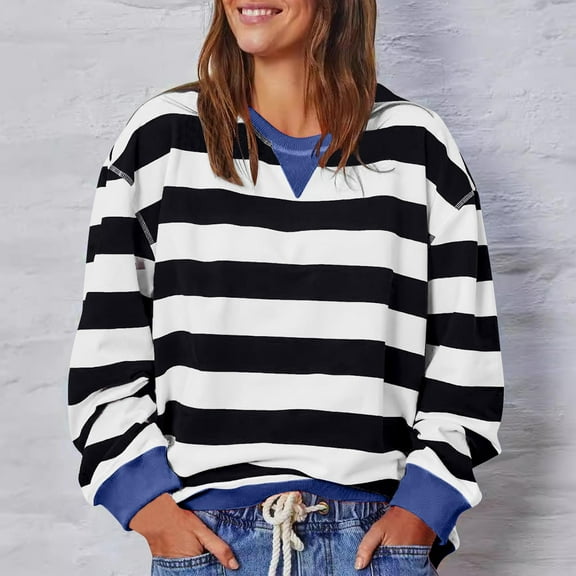 Fashion Women's Casual Contrasting Striped Blouses Long Sleeved Round Neck Top