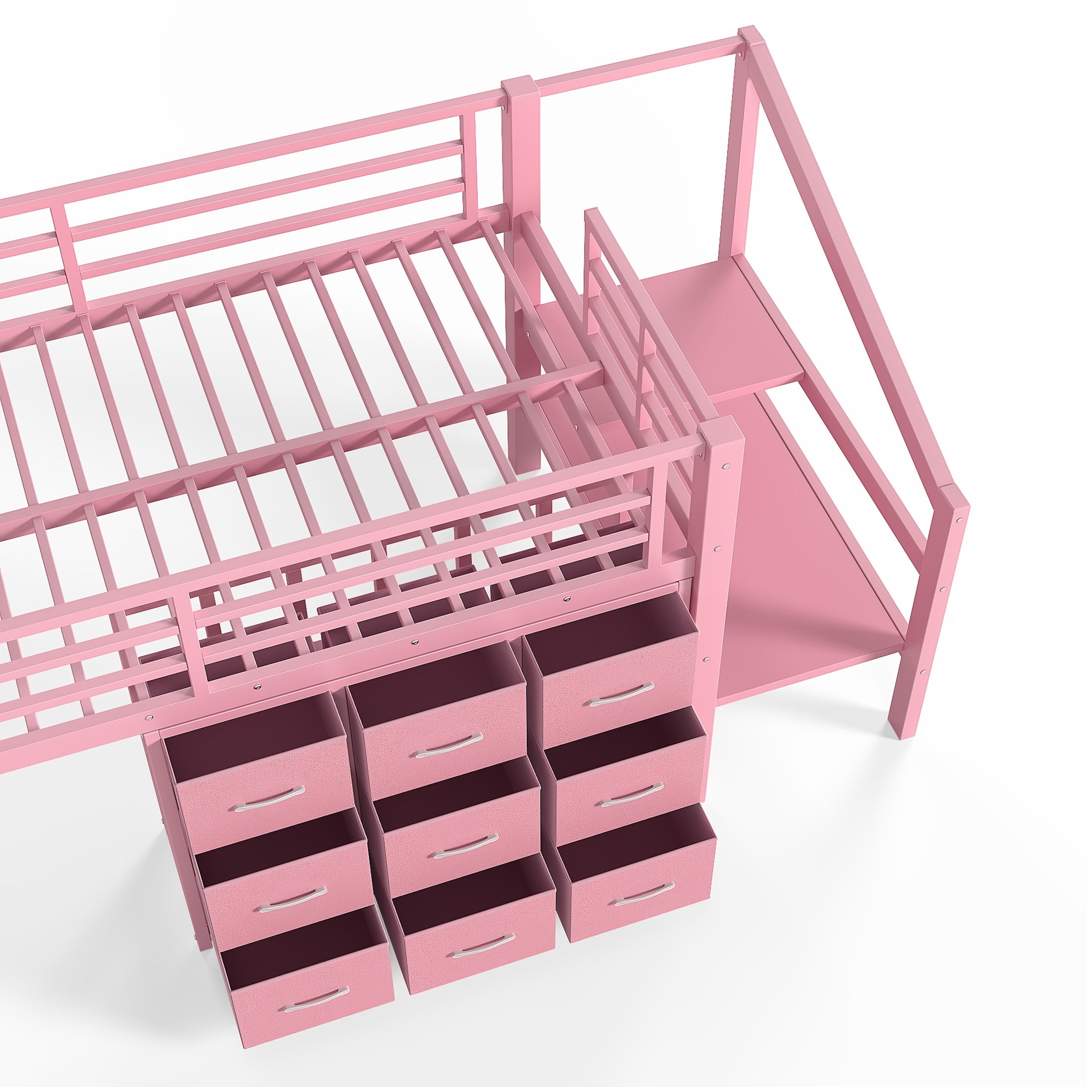 GDF Studio Twin Low Loft Bed with Storage Stairs, Fabric Drawers, Shelves & LED Lights, Pink
