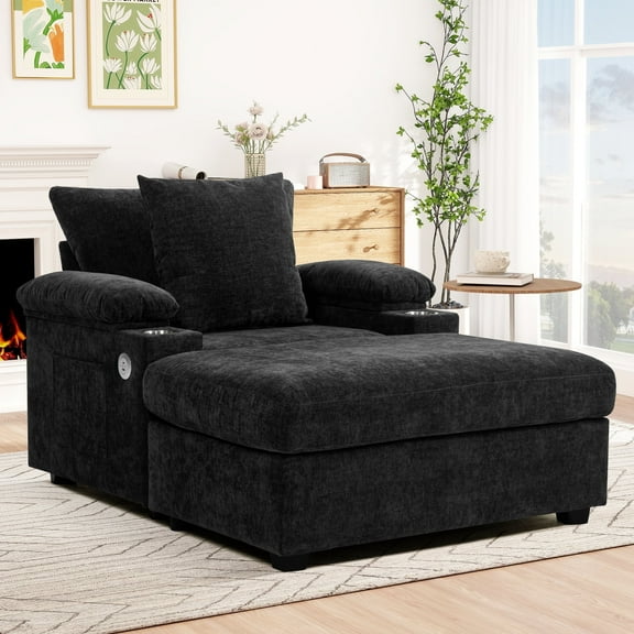 Muumblus Living Room Chair with Ottoman, USB & Storage Arms, Cozy Indoor Lounge Armchair, Black Chenille
