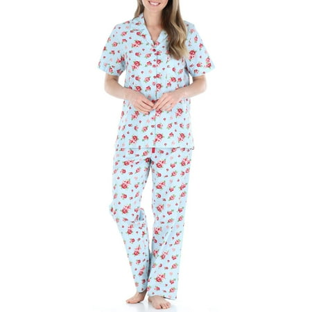 Sleepyheads Women's Poplin Cotton Short Sleeve Button Up Top and Pants Pajama Set