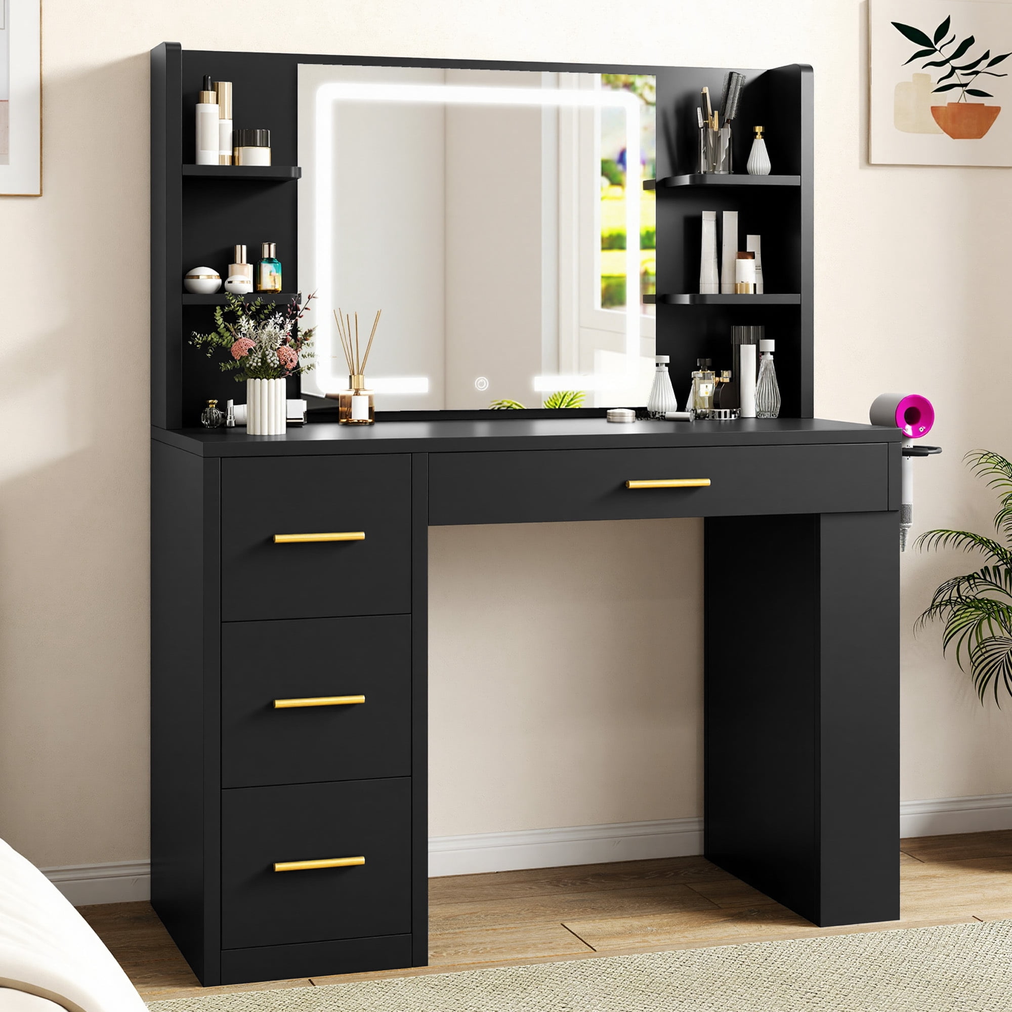 Uforic 40" Black Makeup Vanity Desk with 3-Color LED Mirror, 4 Drawers, 7 Open Shelves, Power Outlets, Hair Dryer Holder & Anti-Tip Safety for Adults