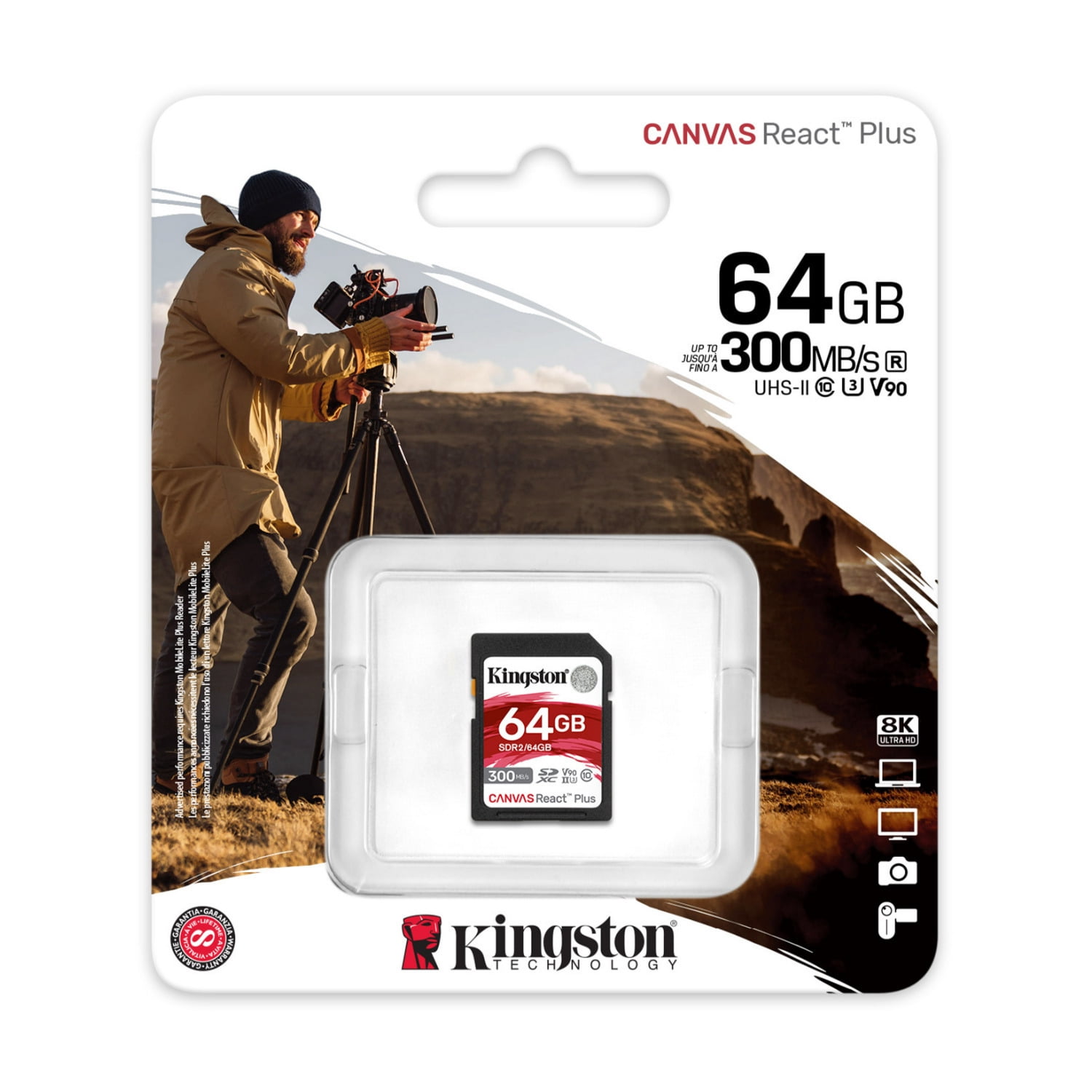 Kingston Canvas React Plus 64GB U3 V90 SD Card (2-pack) with Card Reader Bundle