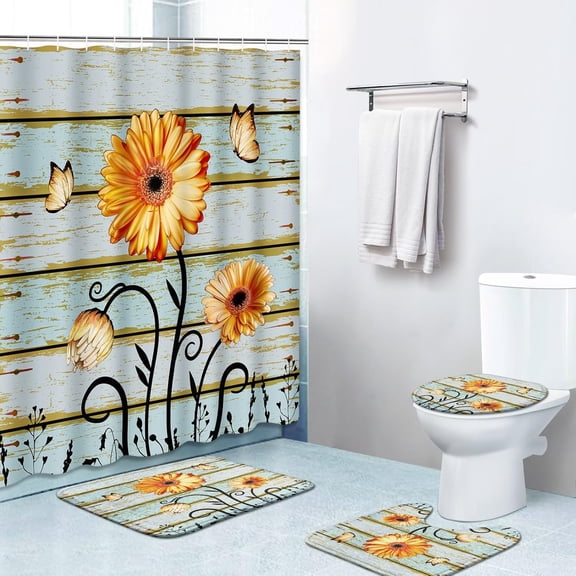 4 Piece Shower Curtain Sets, Flower Daisy White Vintage Wood with Non-Slip Rugs, Toilet Lid Cover and Bath Mat, for Bathroom Decor Set, 72" x 72"