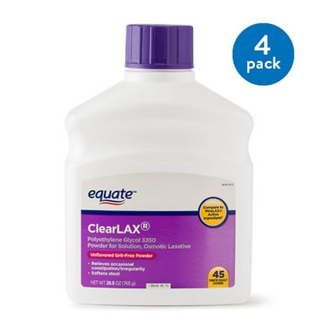 (4 Pack) Equate ClearLAX Polyethylene Glycol 3350 Laxative Powder, 26.9 Oz, 45