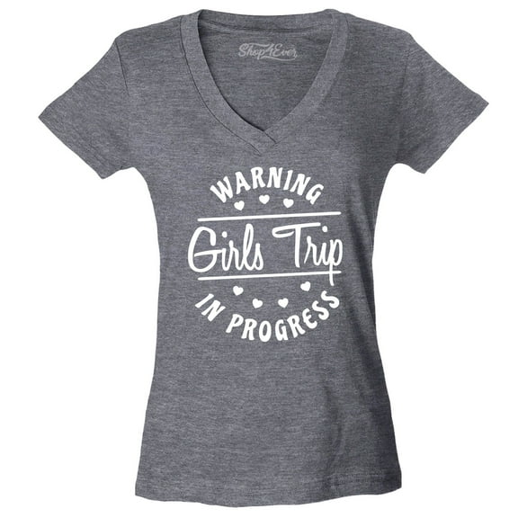 Shop4Ever Women's Warning Girls Trip in Progress Vacation Travel Slim Fit V-Neck T-Shirt XX-Large Heather Charcoal